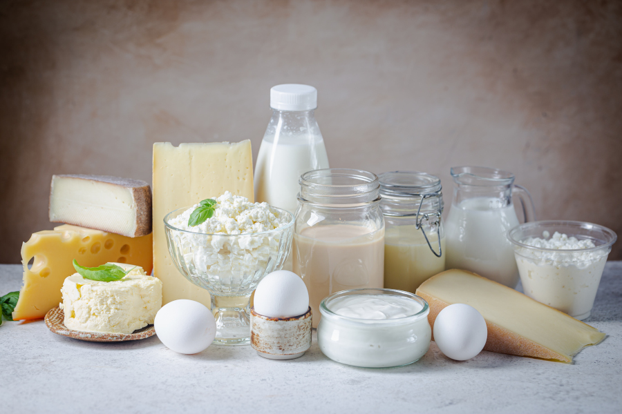 Auswahl an Milch- und Käseprodukten.